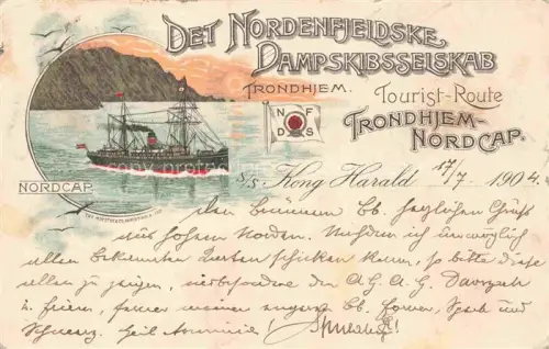AK / Ansichtskarte Nordkap Nordkapp Norge Dampfschiff Lithographie S/s-Kong-Harald Reederei Fjord Nordkap Tourist-Route