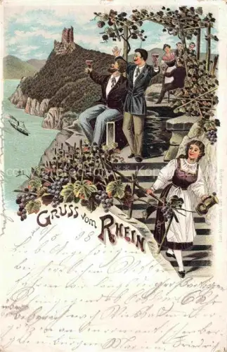 AK / Ansichtskarte Drachenfels Ruine Koenigswinter NRW Lithographie Weinberg Burg-Drachenfels Rhein Dampfschiff Tracht Weinlese