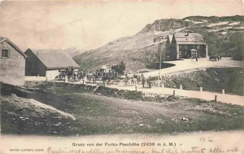 AK / Ansichtskarte Furkapasshoehe Furka-Passhoehe Passhoehe Pferdekutsche Hotel-Furka Furkablick Gebirge Passstrasse