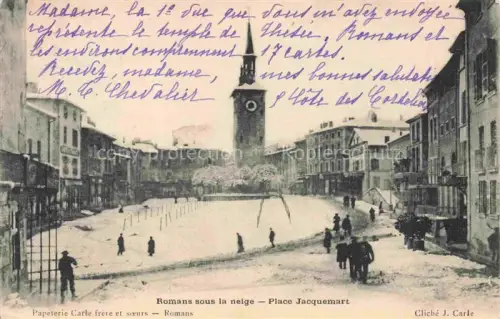 AK / Ansichtskarte Romans-sur-Isere VALENCE 26 Drome Place-Jacquemart Kirche Schnee Winter Stadtplatz Passanten Glockenturm