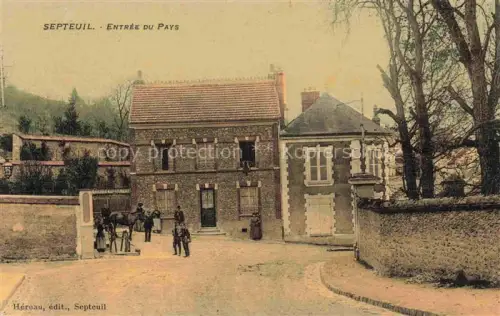AK / Ansichtskarte Septeuil Mantes-la-Jolie 78 Yvelines Entrée-du-Pays Dorfeingang Pferd Kutsche Wohnhaeuser Passanten handkoloriert
