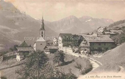 AK / Ansichtskarte Val-d Illiez VS Kirchturm Dorf Dents-Blanches Berge Wald Wohnhaeuser Weg