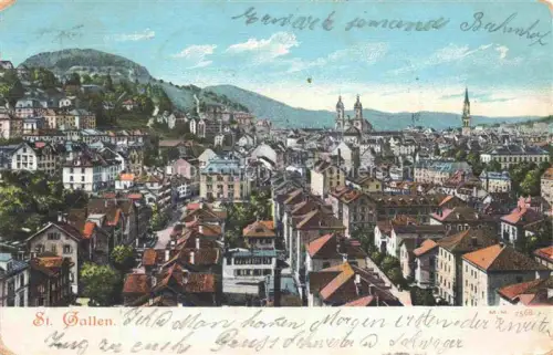AK / Ansichtskarte St Gallen SANKT GALLEN SG Stadtpanorama Kirchtuerme Kathedrale Daecher Huegel Altstadt handkoloriert