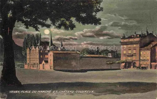 AK / Ansichtskarte VEVEY VD Place-du-Marché Château-Couvreux Nachtszene Mond Kirche handkoloriert