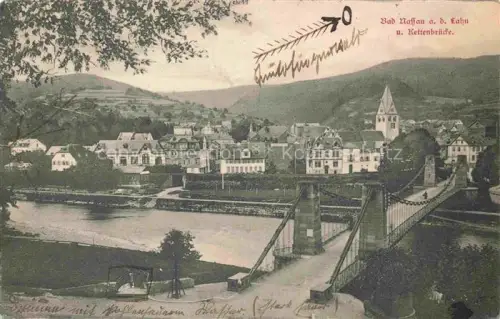 AK / Ansichtskarte Bad Nassau Lahn Rheinland-Pfalz Kettenbruecke Lahn Stadtansicht Kirche Panorama Haengebruecke Fluss