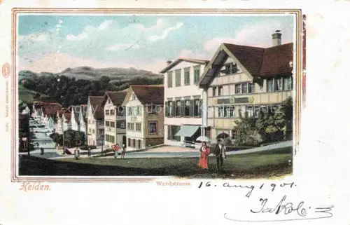 AK / Ansichtskarte Heiden Appenzell AR Werdstrasse Fachwerkhaeuser Dorfstrasse Passanten Bergpanorama
