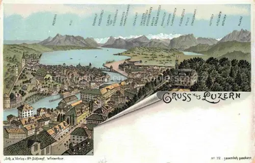 AK / Ansichtskarte LUZERN  LU Vierwaldstaettersee Stadtpanorama Rigi Pilatus Buergenstock Stanserhorn Lithographie Flussmuendung