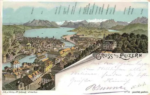 AK / Ansichtskarte LUZERN  LU Vierwaldstaettersee Stadtpanorama Rigi Pilatus Buergenstock Stanserhorn Lithographie Flussmuendung