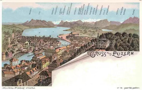 AK / Ansichtskarte LUZERN  LU Vierwaldstaettersee Stadtpanorama Rigi Pilatus Buergenstock Stanserhorn Lithographie Flussmuendung