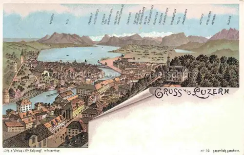 AK / Ansichtskarte LUZERN  LU Vierwaldstaettersee Stadtpanorama Rigi Pilatus Buergenstock Stanserhorn Lithographie Flussmuendung