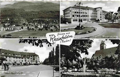 AK / Ansichtskarte Rheinfelden Baden BW Friedrichsplatz Ev-Kirche Brunnen Mehrbildkarte Hochhaus Wohnhaeuser Baeume Stadtansicht