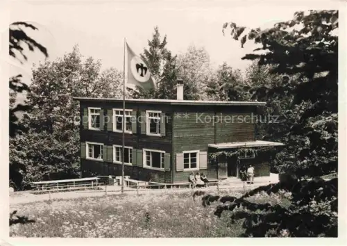 AK / Ansichtskarte Buchenegg Stallikon ZH Kinderfreundeheim Moesli Holzhaus Fahne Baeume Wald Terrasse Pfadfinder