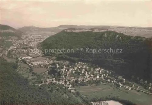 AK / Ansichtskarte Echaztal REUTLINGEN BW Fliegeraufnahme Tal Industriegebaeude Dorf Felsen Wald Huegelkette