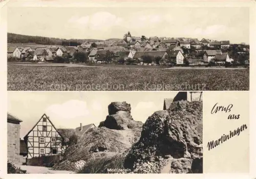 AK / Ansichtskarte Martinhagen Schauenburg Kassel Hessen Mehrbildkarte Dorfansicht Martinstein Felsen Fachwerkhaus Kirche Felder