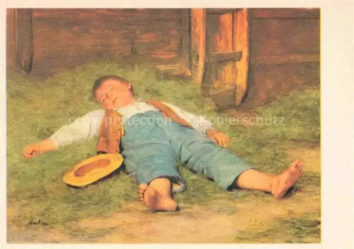 AK / Ansichtskarte ANKER Albert (1831-1910) Kuenstlerkarte Schweiz Schlafender Knabe in Heu 