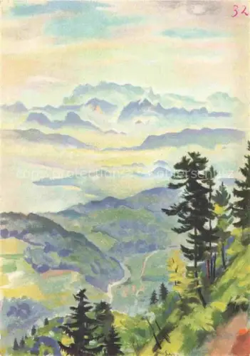 AK / Ansichtskarte SCHWARZ Hans Kaspar Kuenstlerkarte Zuerich Blick v. Uetliberg auf Sihltal ind Alpen 