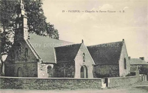 AK / Ansichtskarte Perros-Hamon (Chapelle) PAIMPOL Saint-Brieuc 22 Cotes-d Armor Chapelle-de-Perros-Hamon Steinkirche Glockenturm Mauer Baeume Eingang