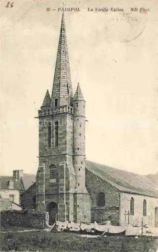 AK / Ansichtskarte PAIMPOL Saint-Brieuc 22 Cotes-d Armor La-Vieille-Eglise Kirchturm Steinkirche Waesche Wegkreuz