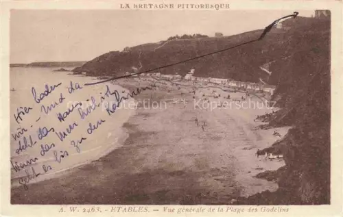AK / Ansichtskarte Etables-sur-Mer Saint-Brieuc 22 Cotes-d Armor Plage-des-Godelins Strand Badegaeste Bucht Klippen Meer Badekabinen