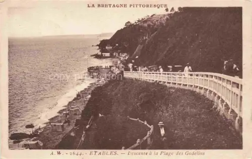 AK / Ansichtskarte Etables-sur-Mer Saint-Brieuc 22 Cotes-d Armor Plage-des-Godelins Kuestenstrasse Steilkueste Meer Spaziergaenger Autos Strand