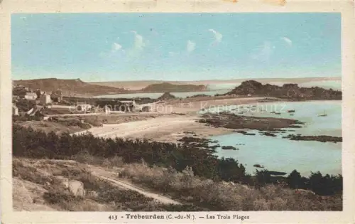 AK / Ansichtskarte TREBEURDEN Lannion 22 Cotes-d Armor Les-Trois-Plages Bucht Felsen Boote Ortschaft Kueste Vogelperspektive