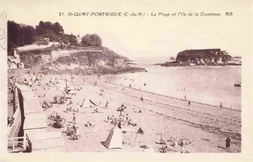 AK / Ansichtskarte Saint-Quay-Portrieux 22 Cotes-d Armor Plage Ile-de-la-Comtesse Badegaeste Strand Insel Zelte Felsen