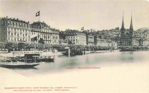 AK / Ansichtskarte Lucerne  LUZERN LU Schweizerhofquai Vierwaldstaettersee Hotel Kirchturm Boote Bateaux-à-louer Schweizer-Flagge
