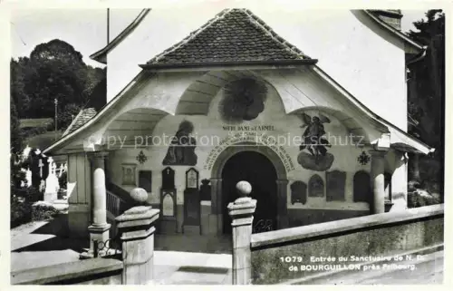 AK / Ansichtskarte Bourguillon La Sarine FR Entrée Sanctuaire Notre-Dame-de-Carmel Kapelleneingang Fresken Engel Kreuz Votivtafeln