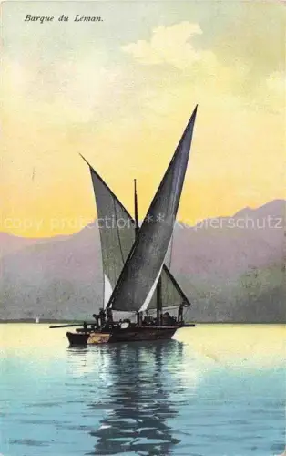 AK / Ansichtskarte Lac Leman Genfersee GE Barque-du-Léman Segelschiff See Berge Abendstimmung Wasser Fischer
