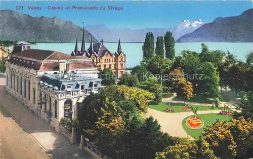AK / Ansichtskarte VEVEY VD Casino Promenade-du-Rivage Park Blumenbeet Genfersee Berge Gebaeude Baeume