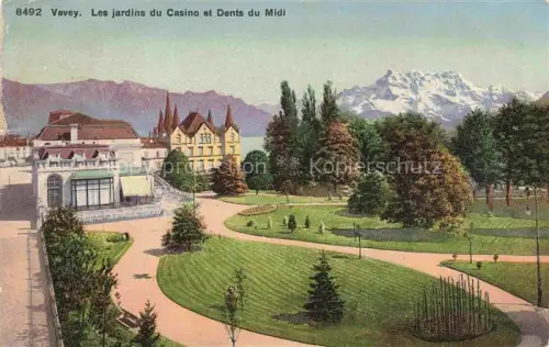 AK / Ansichtskarte VEVEY VD Jardins-du-Casino Dents-du-Midi Park Casino Berge Schnee Baeume Genfersee