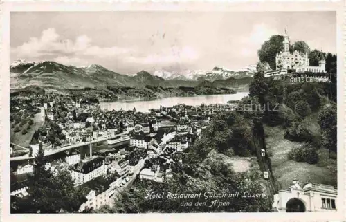 AK / Ansichtskarte LUZERN  LU Hotel-Guetsch Restaurant Vierwaldstaettersee Alpen Stadtpanorama Zahnradbahn Fliegeraufnahme