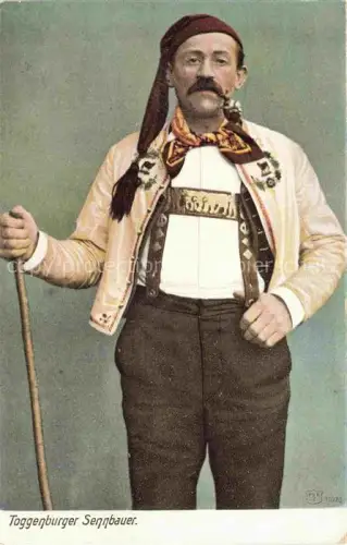 AK / Ansichtskarte Ebnat-Kappel Toggenburg SG Sennbauer Tracht Toggenburger Mann Guertel Wanderstock Portrait Volkstracht