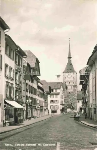 AK / Ansichtskarte AARAU AG Vordere-Vorstadt Stadtturm Uhrturm Altstadt Strassenszene Geschaefte Pflasterstein