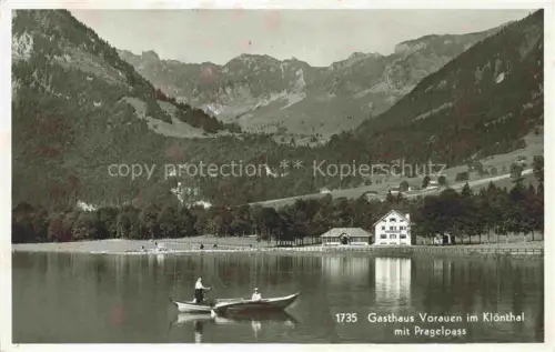 AK / Ansichtskarte Vorauen Kloenthal Kloental GL Gasthaus-Vorauen Kloentalersee Pragelpass See Berge Ruderboot Fischer Wald