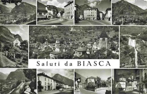 AK / Ansichtskarte Biasca Riviera TI Chiesa-S.-Pietro Cascata-S.-Petronilla Mehrbildkarte Panorama Altstadt Kirchturm Wasserfall Strassenszene