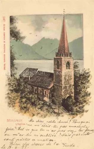AK / Ansichtskarte MONTREUX  VD Église Kirchturm See Berg Baeume Lithographie
