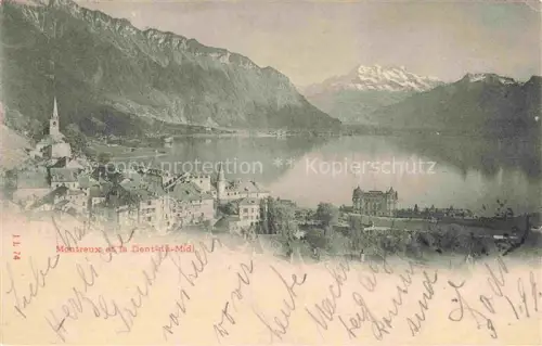 AK / Ansichtskarte MONTREUX  VD Dent-du-Midi Genfersee Stadtpanorama Kirche Schloss Alpen