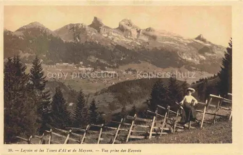 AK / Ansichtskarte Leysin VD Tours-d Aï Tours-de-Mayens Ecovets Bergpanorama Frau Zaun Wald Alpdorf