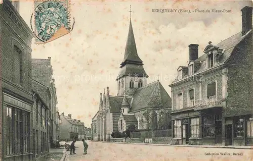 AK / Ansichtskarte Serquigny Bernay 27 Eure Place-du-Vieux-Pont Kirche Café Strassenszene Kirchturm Buergersteig handkoloriert