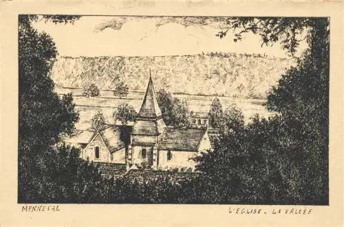 AK / Ansichtskarte Menneval BERNAY 27 Eure L Eglise Vallée Kirche Kirchturm Zeichnung Baeume Tal Huegel