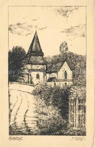 AK / Ansichtskarte Menneval BERNAY 27 Eure L Eglise Kirche Kirchturm Zeichnung Weg Zaun Baeume