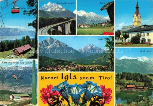AK / Ansichtskarte Igls Jgls Innsbruck Tirol AT Igler-Alm Europabruecke Patscherkofel-Gipfellift Muehlsee Kirche Bergpanorama Kurort