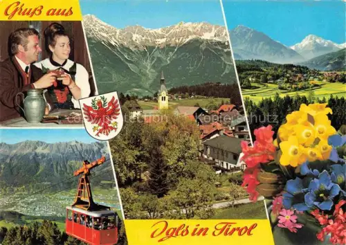 AK / Ansichtskarte Igls Jgls Innsbruck Tirol AT Tiroler-Speckjause Nordkette Serles Habicht Patscherkofelbahn Kirche Tracht Blumen
