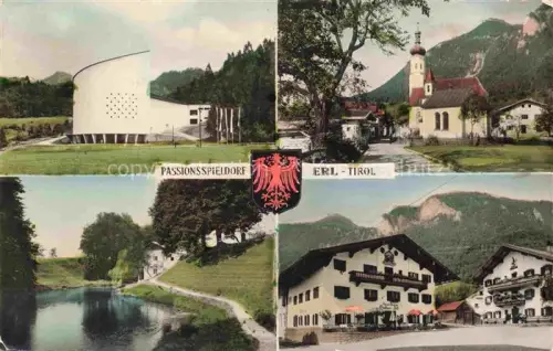 AK / Ansichtskarte Erl Tirol AT Passionsspielhaus Kirche Fluss Gasthof Berge Wappen Passionsspieldorf