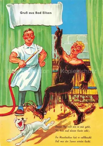 AK / Ansichtskarte Bad Eilsen Schaumburg Niedersachsen Humorkarte Moorbad Knechtsfigur Hund Karikatur Kurort