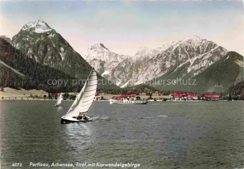 AK / Ansichtskarte Pertisau Achensee Tirol AT Achensee Karwendelgebirge Segelboot See Berge Hotel Dampfer Ufer