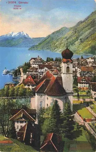 AK / Ansichtskarte Gersau Vierwaldstaettersee SZ Pilatus Vierwaldstaettersee Kirche Zwiebel-Kirchturm Dorf See Berge Dampfschiff