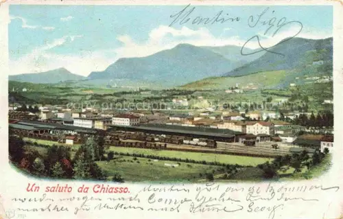 AK / Ansichtskarte Chiasso TI Bahnhof Eisenbahn Zuege Panorama Berge Tal Dorf