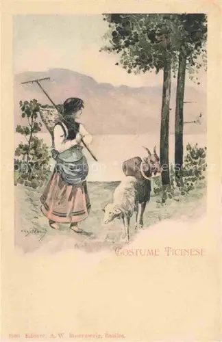 AK / Ansichtskarte Ticino Tessin (Region) TI Costume-Ticinese Tracht Frau Ziege Schaf Korb Rechen See Berge Baeume